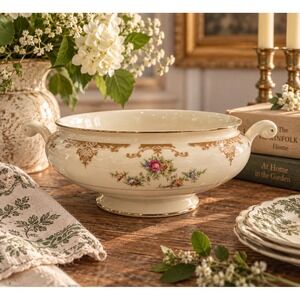 Vintage Eggshell Nautilus Homer Laughlin Floral Serving Bowl Gold Trim G43N5